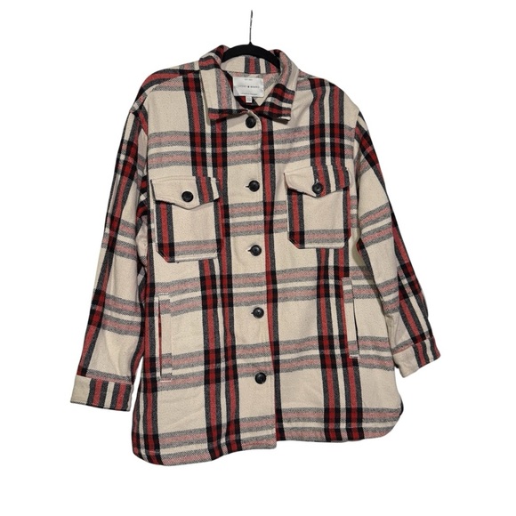 Lucky Brand Plaid Shacket Flannel Oversized Cream Black Red Size Large - Picture 2 of 14